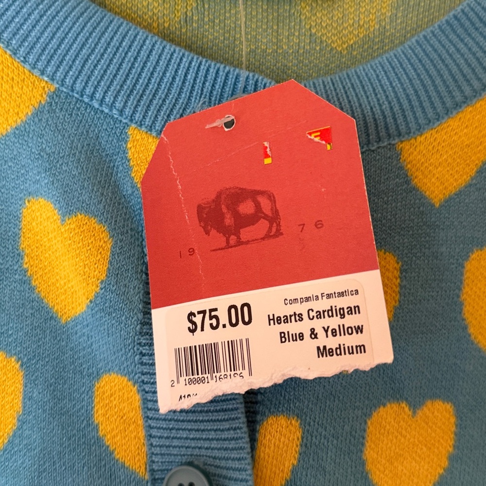 Blue and Yellow Heart Pattern Button Up Sweater Cardigan - Picture 3 of 7